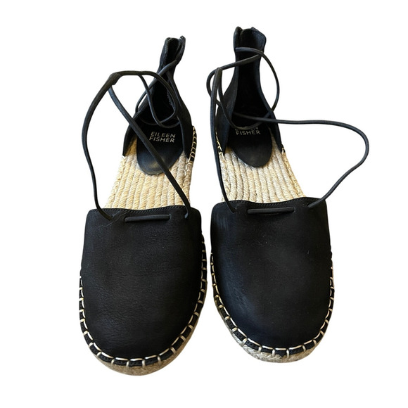 Eileen Fisher 7.5  LUXURY Leather Espadrille Sandals Rear Zipper Flat Black Tan - Picture 3 of 7